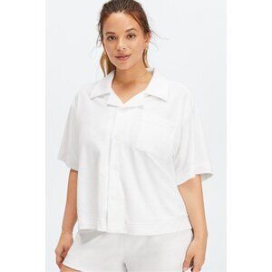 Fabletics Women's Island Terry Boxy Button Up Short Sleeve Collard White Size M